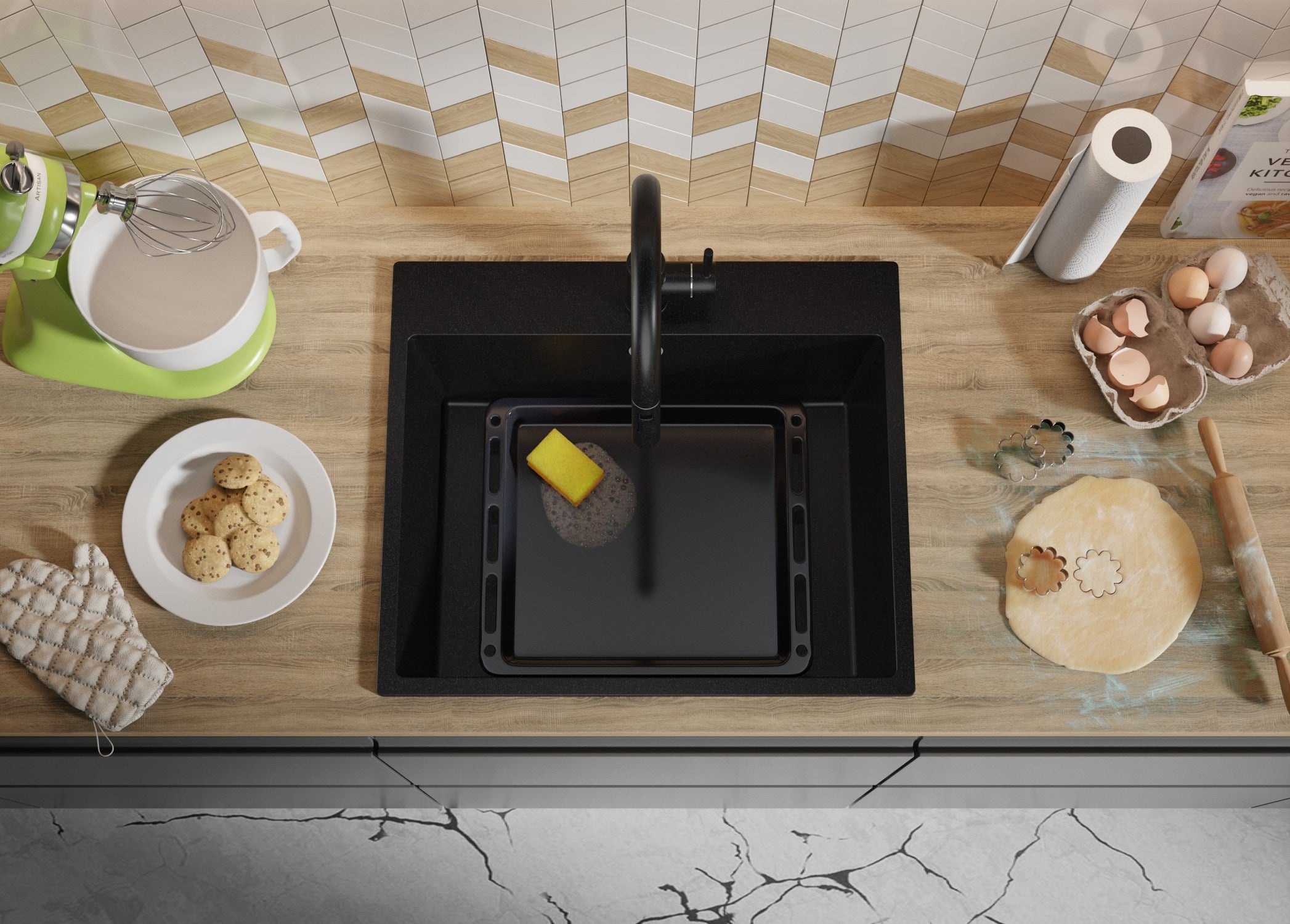 Evier Cuisine en Granit Tout Noir 58x50cm, Lavabo 1 bac + Kit de Vidage, Évier à Encastrer au meuble 60cm - Riga PRIMAGRAN - 8