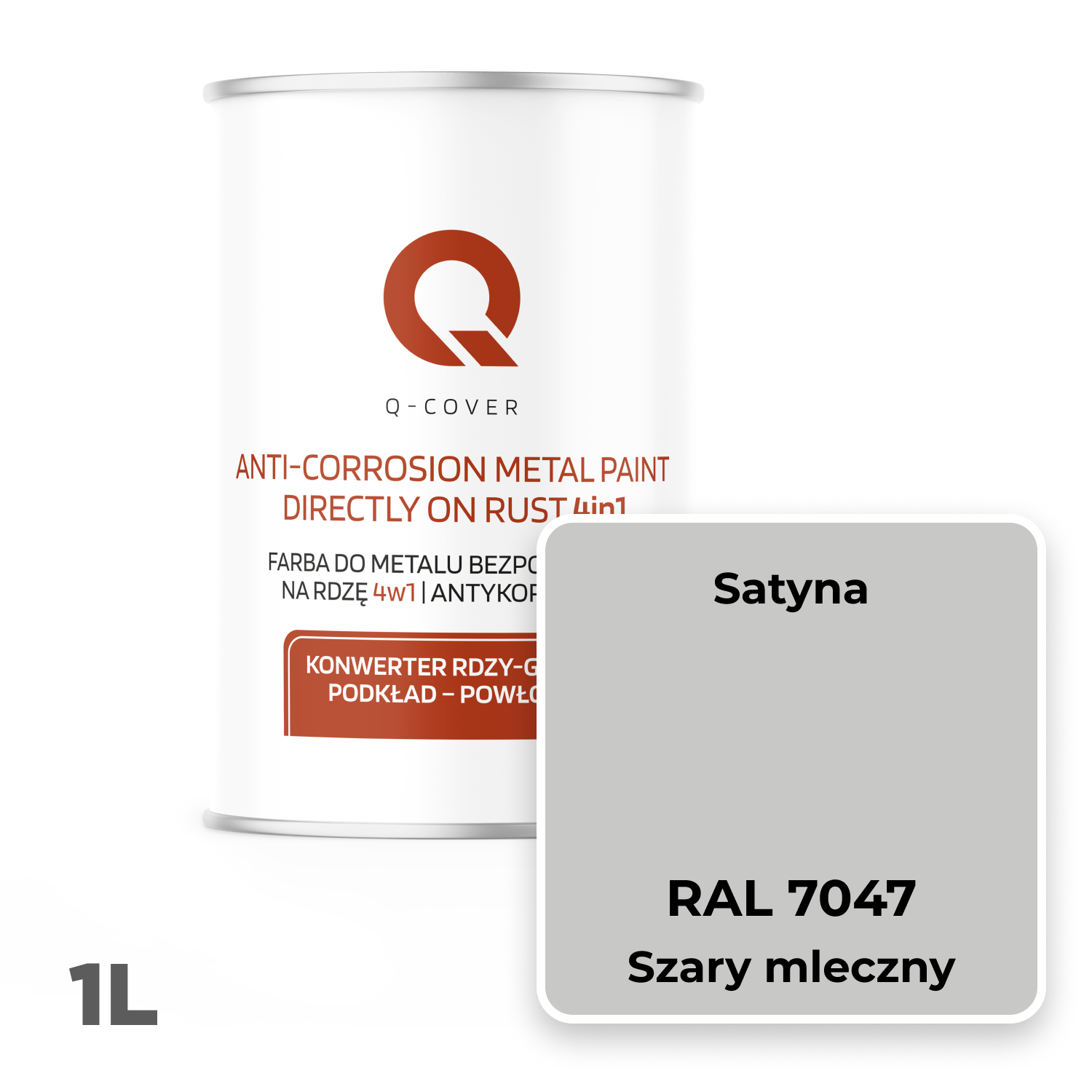 Farba do Metalu Prosto na Rdzę 4w1 Q-Cover Szary mleczny RAL7047 Satyna 1L - 2