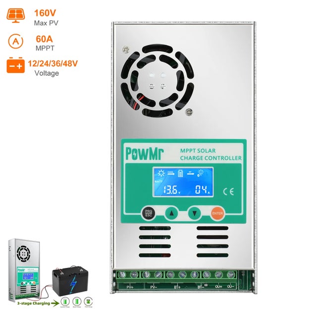 Controlador de Carga Solar PowMr MPPT 60A / Regulador para Painel Solar — Detecção Automática 12V/24V/36V/48V — Entrada PV Máx. 160VDC