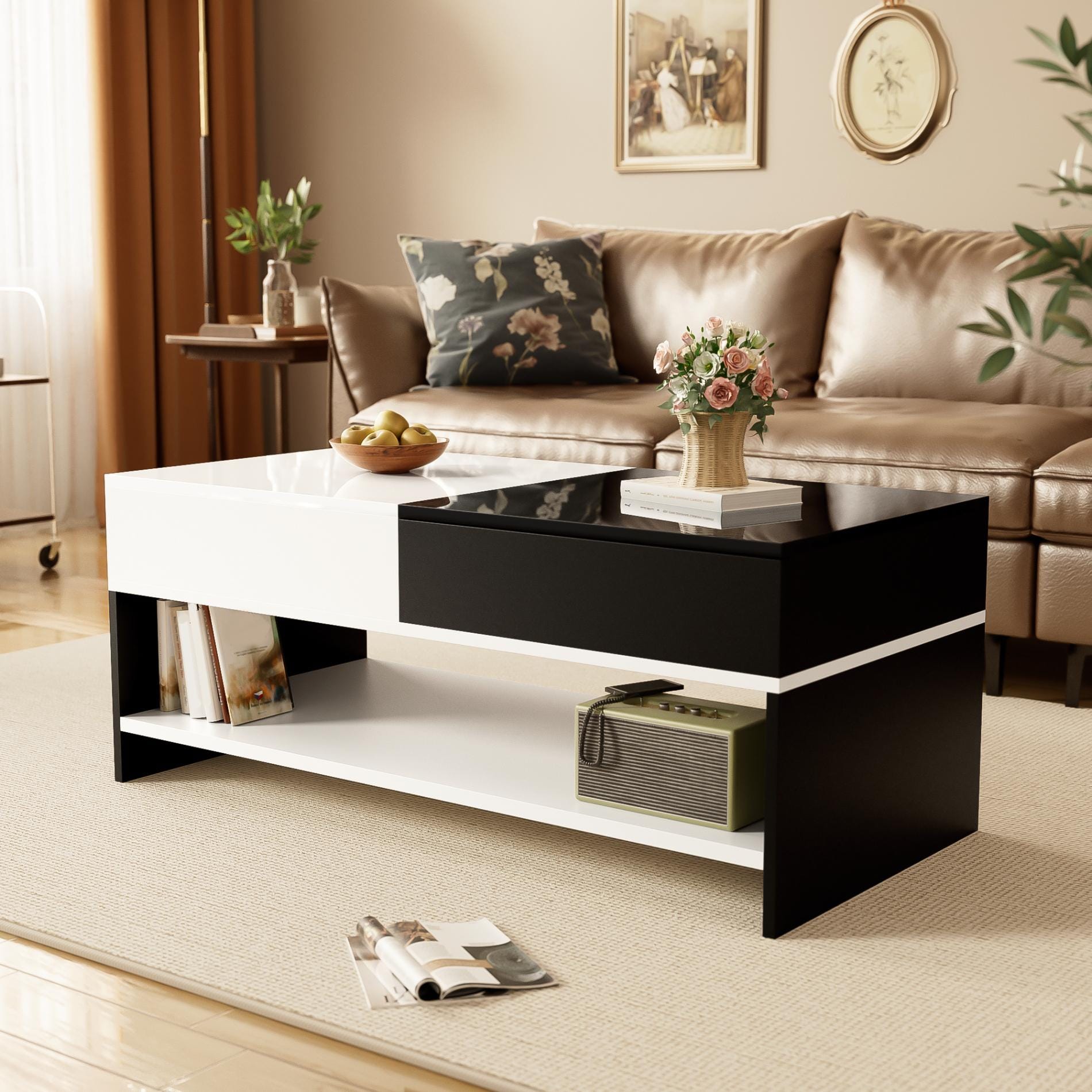 Set di 2 tavolini nido rotondi con ripiani, 70 cm - piano lucido in PVC effetto marmo e legno + gambe in metallo, design moderno - Nero Set di 2 tavolini nido rotondi con ripiani, 70 cm - piano lucido in PVC effetto marmo e legno + gambe in metallo, design moderno - Nero