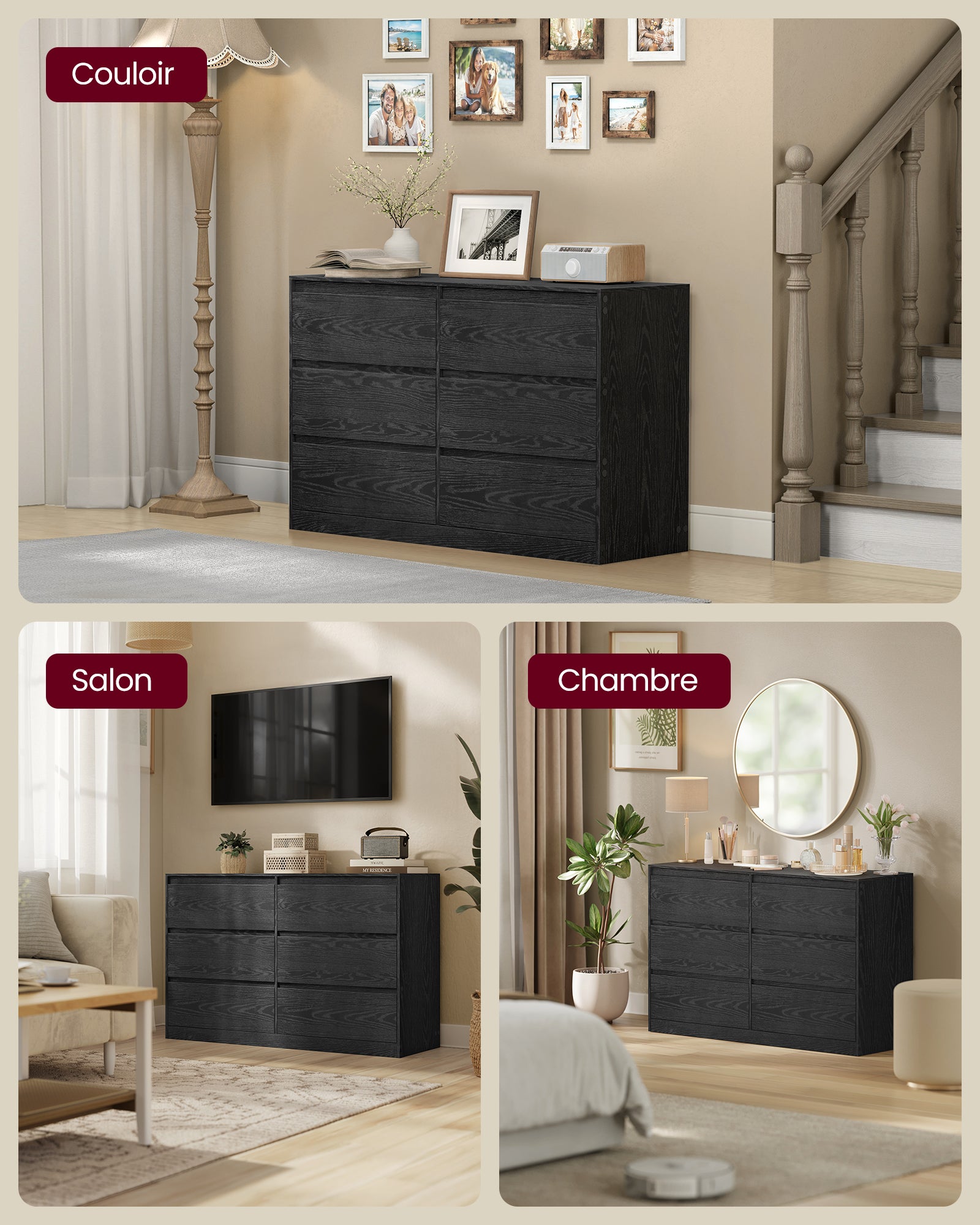 Commode Chambre 6 Tiroirs, Armoire de Rangement, Meuble à Vêtements, 40 x 119,4 x 75 cm, Style Moderne, Noir Boisé - 6