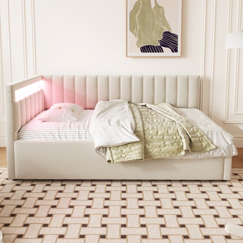 Canapé-lit 90 x 200 cm avec LED, espace de rangement, sommier à lattes, en velours, beige, sans matelas - 5
