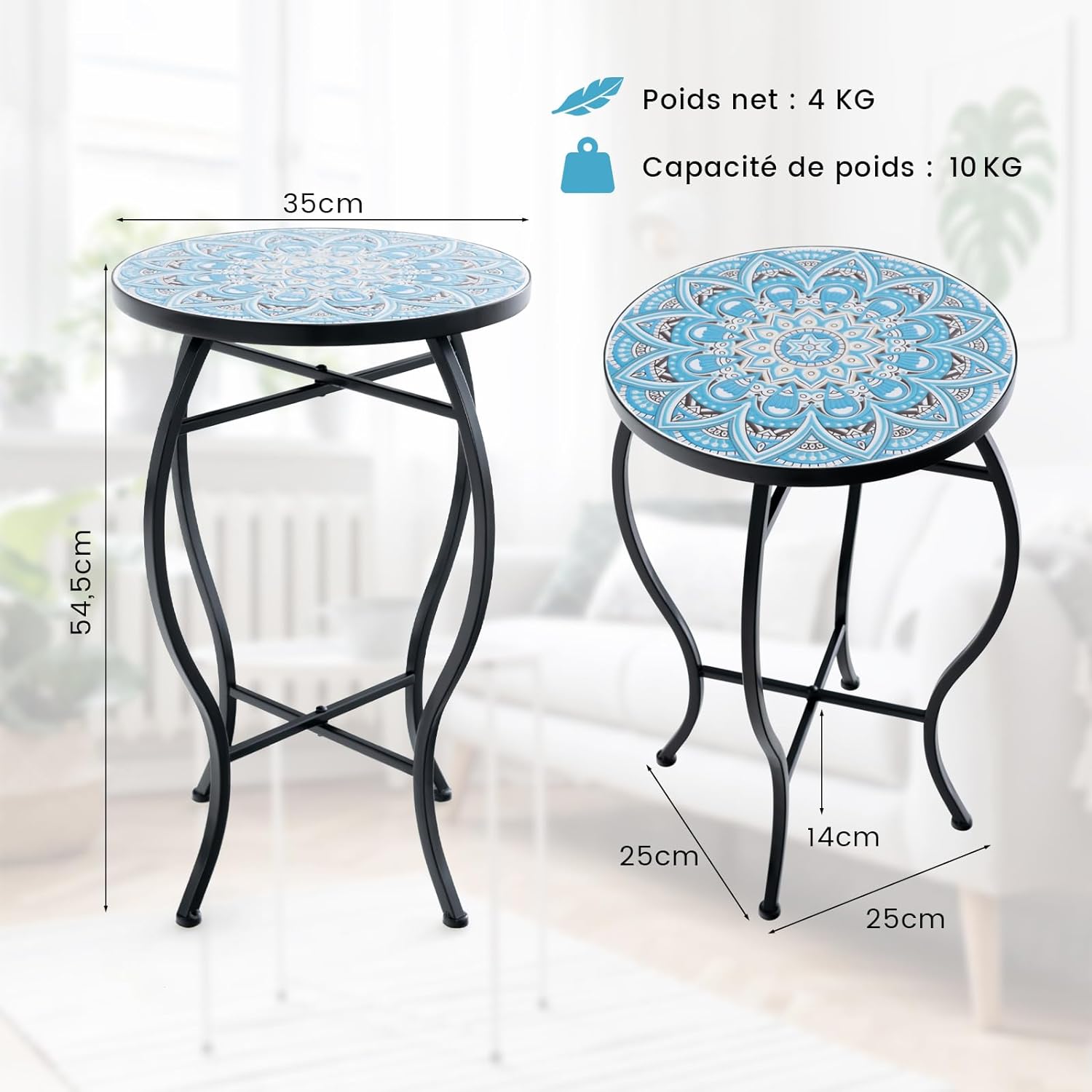 Table d’Appoint Exterieur Jardin en Mosaïque, Table Bistro Ronde en Carreaux , Table Basse (Bleu) - 3