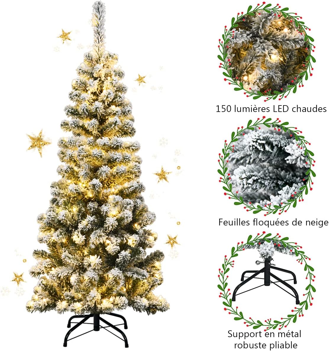 Albero di Natale Slim 135/180/225 cm, Albero di Natale Innevato con 150/250/350 Luci LED, 242/500/641 Rami e Base di Metallo, Decorazione Nata - 3