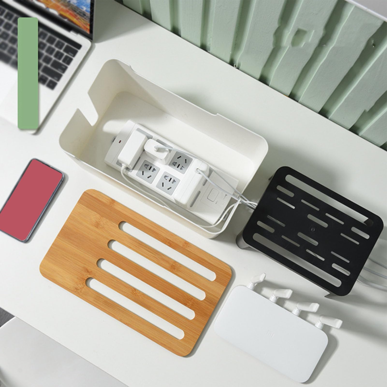 Scatola Porta Router WiFi - Mensola Da Parete Doppia Porta Per Cavi, Bianco, 39x9x27 Cm