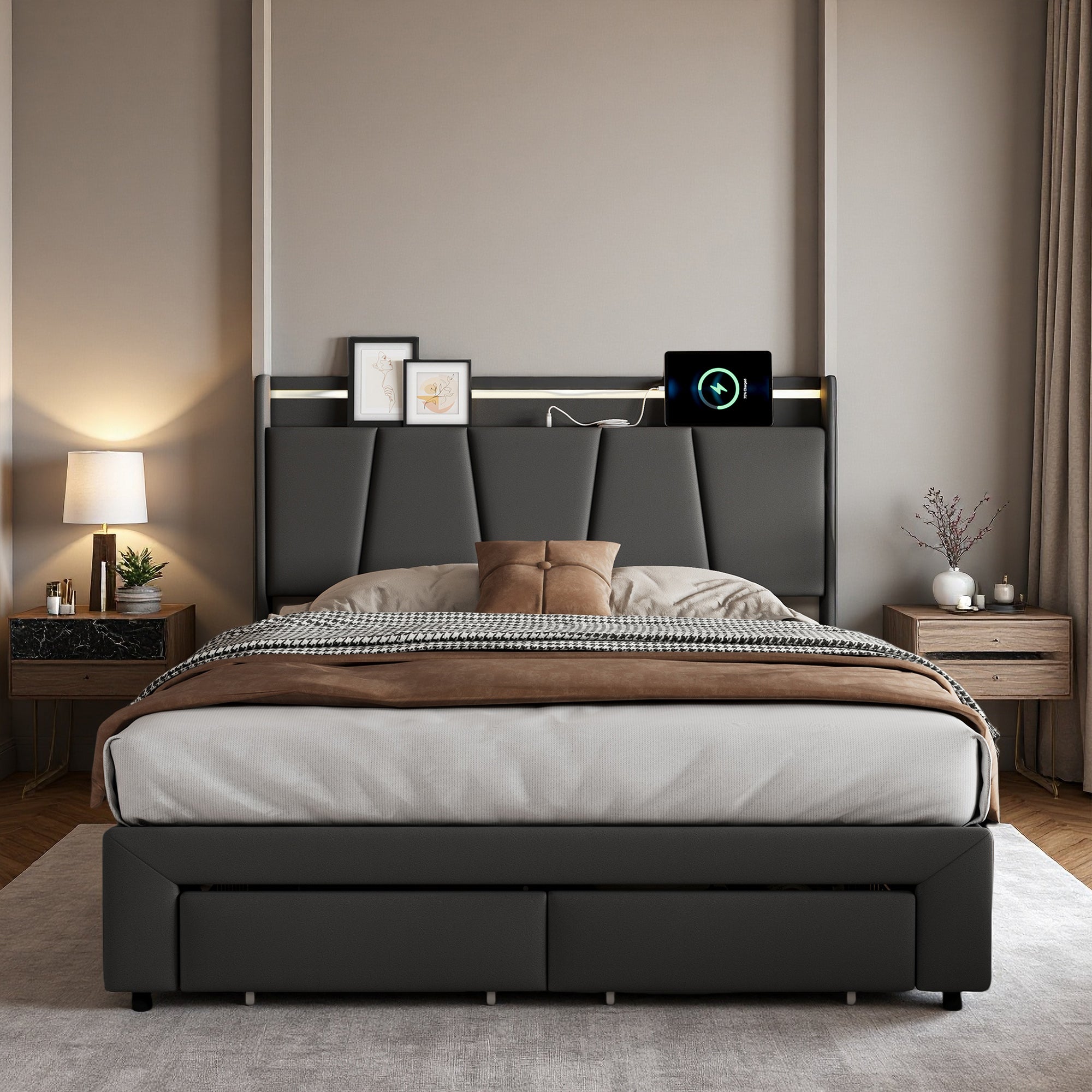 Lit coffre 140x190 cm avec LED et 2 tiroirs, cadre de lit double 140x190 cm avec sommier à lattes, lit adulte, tissu en lin, 140x190 cm, gris - 3