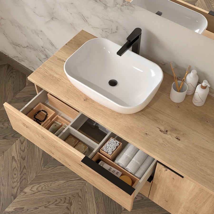 Meuble de salle de bain 100cm avec vasque à poser arrondie - 2 tiroirs - sans miroir - roble (chêne clair) - KING - 2