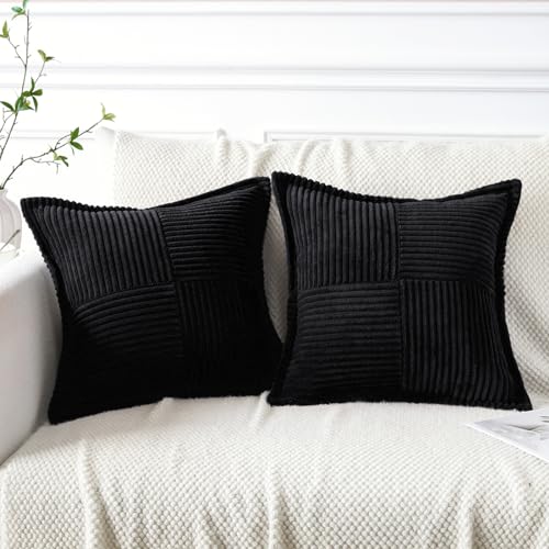 Lot de 2 Boho Housse de Coussin en Velours Côtelé Croisé Canapé Taie d'oreiller en Velours Douce pour Maison Salon Chambre Decorative Noir 40 x 40 cm - 2