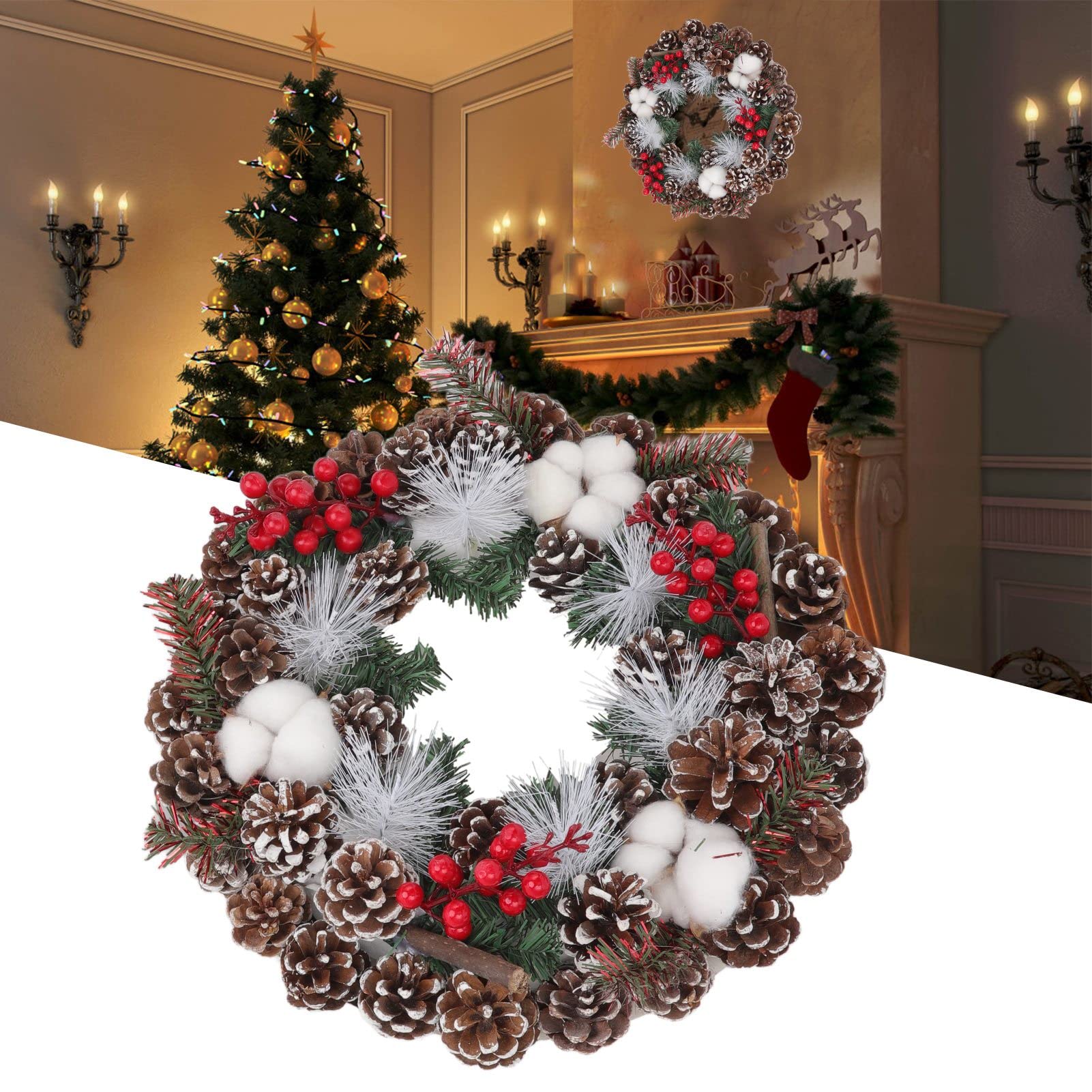 Couronne de Noël Couronne de Noël artificielle de 13,7 pouces décorée de pommes de pin et de coton pour décorations de vacances intérieures et e - 2