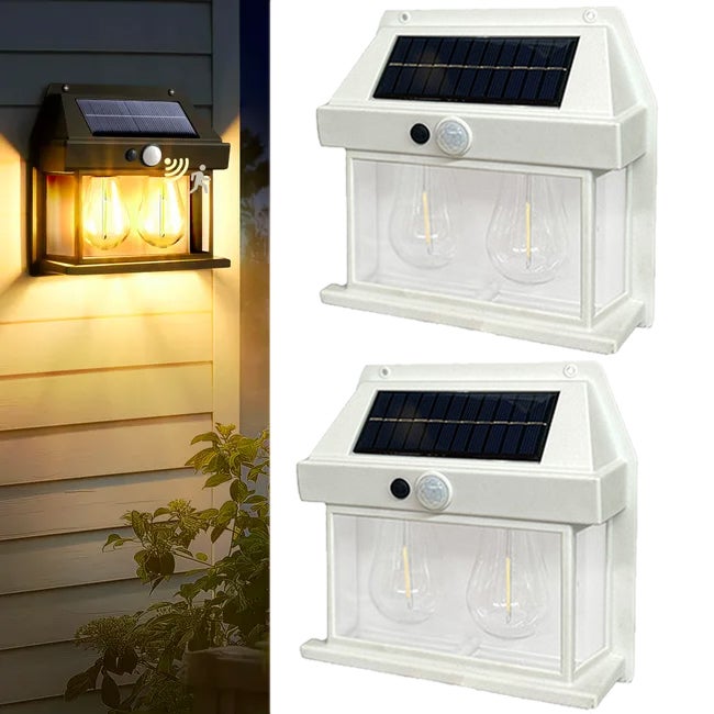 Zestaw 2 solarnych lamp ściennych z podwójną żarówką, lampa solarna z czujnikiem ruchu, wodoodporne lampy solarne na werandę z 3 trybami