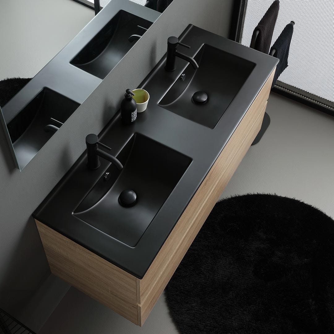 Meuble salle de bains suspendu 120cm chêne avec lavabo noir, miroir et lampe | Berlin - 3