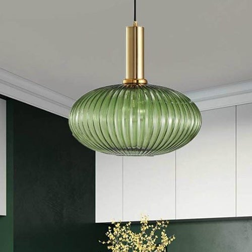 Suspension Luminaire Arterameferro – Laiton, Céramique Blanche Ondulée, Bord Vert, 30 Cm, Italie