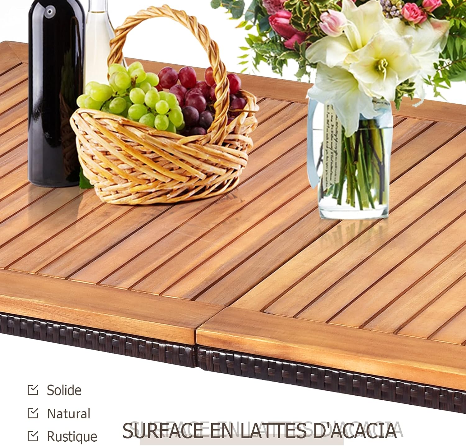 Table de Jardin en Acacia Massif Certifié FSC, avec Trou de Parasol, 140Lx75lx76H CM,Table à Manger d'Extérieur 6-8 Personnes, Naturel - 3