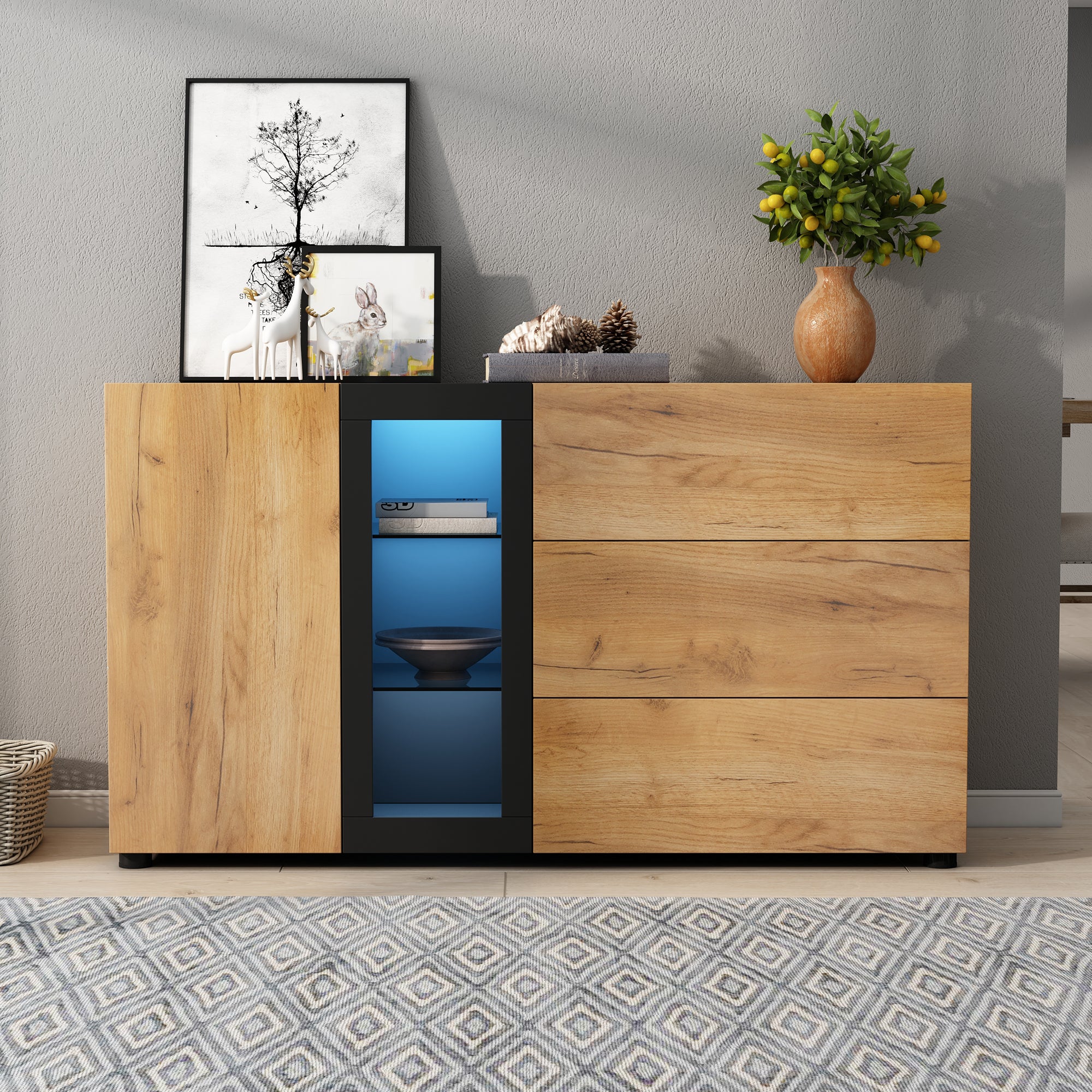Credenza Con Cassetti In Stile Moderno - Combinazione Nero E Legno Naturale, 6 Cassetti Spaziosi, Design Industriale