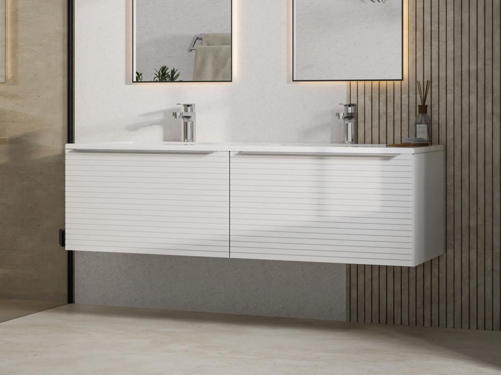 Meuble de salle de bain suspendu strié blanc avec double vasque à