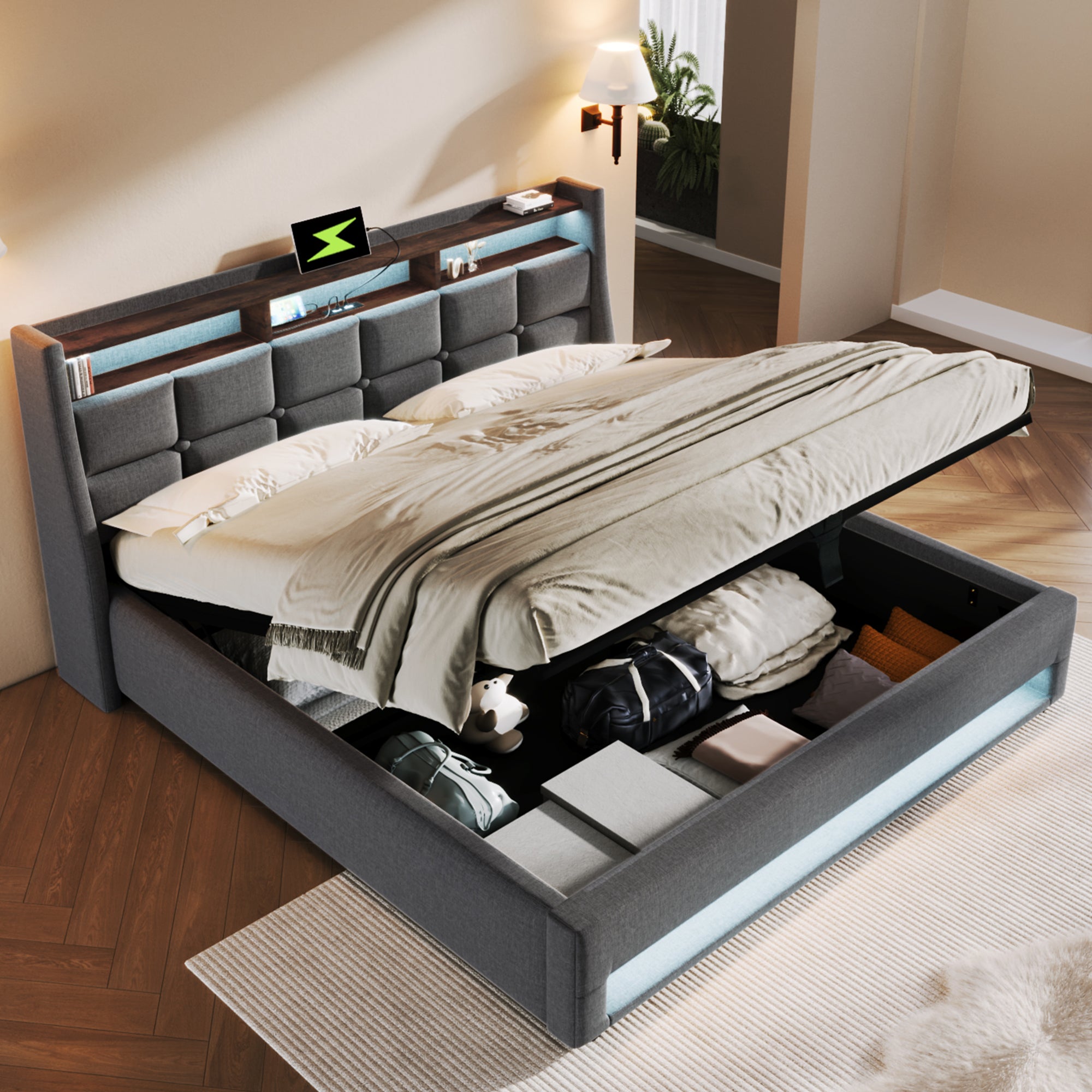 Cama con almacenaje de lino 180x200 cm con LED y puertos USB - somier - gris - 3