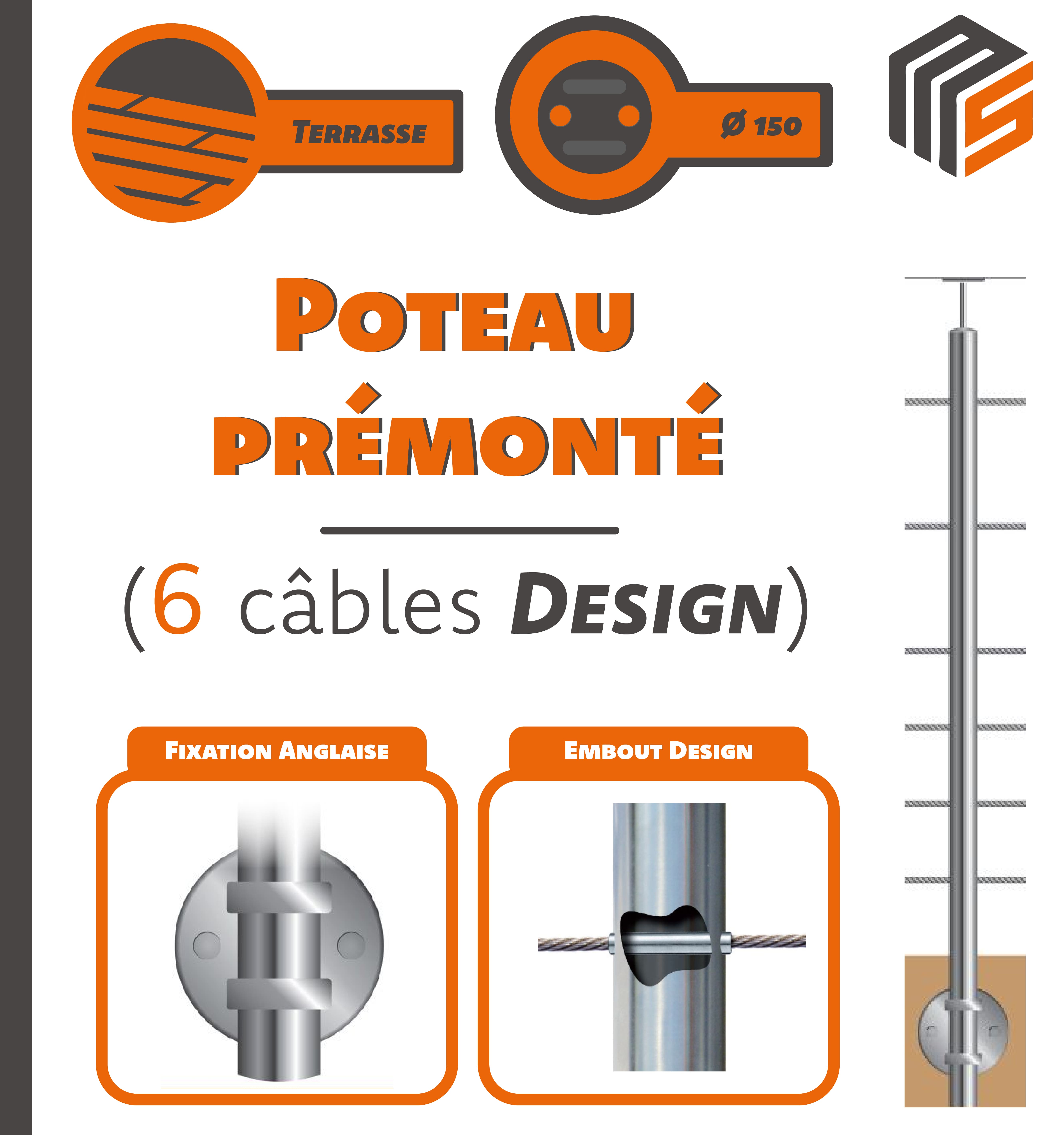 KIT POTEAU Ø42,4 - 180° - FIXATION ANGLAISE - 6 CABLES Ø4 mm - INOX 316 ...