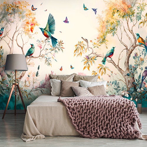 Papier Peint Intissé Panoramique Forêt Peint Oiseaux Art 400x280 cm - Colle Inclus - Chambre et Salon - Moderne Trompe l'oeil - 2