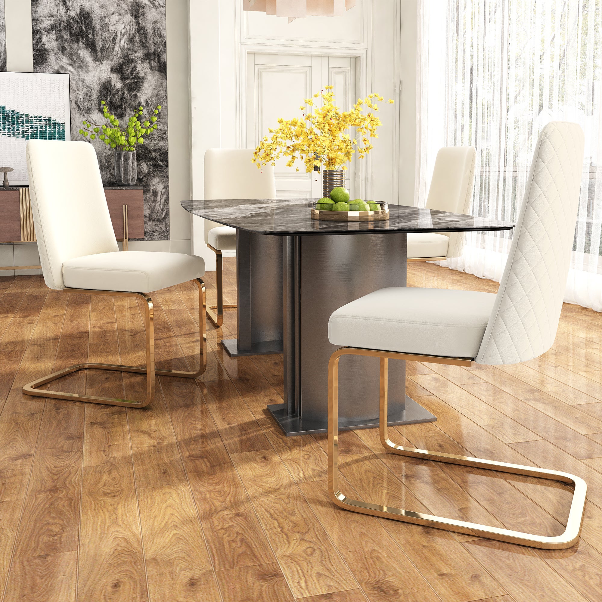 Komplet 4 krzeseł do jadalni z wysięgnikiem bez podłokietników - 45 x 52 x 88 cm - Aksamitne i złote metalowe nogi - Beżowy