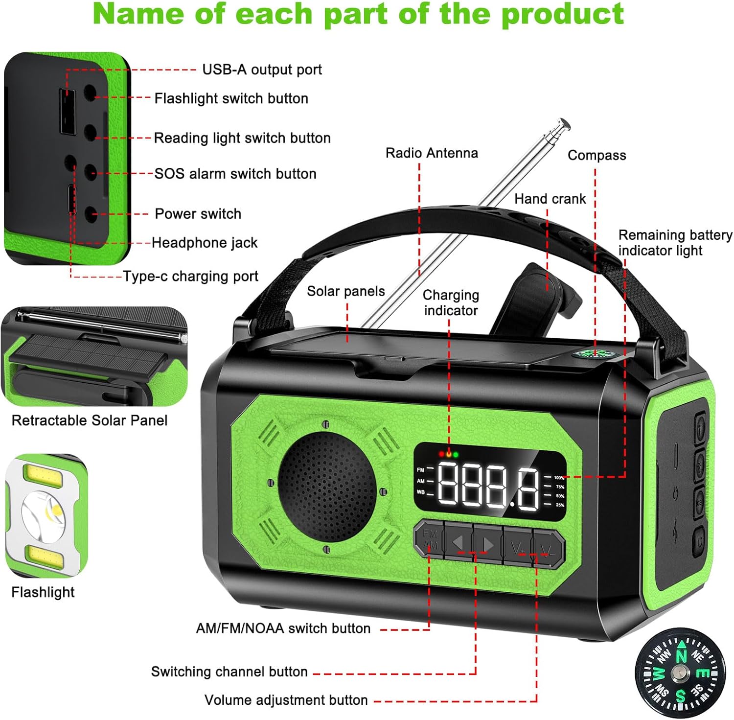 Radio Di Emergenza Con 2 Grandi Pannelli Solari – AM/FM/NOAA, Torcia 3W, Lampada Lettura, Allarme SOS E Power Bank 5000 MAh