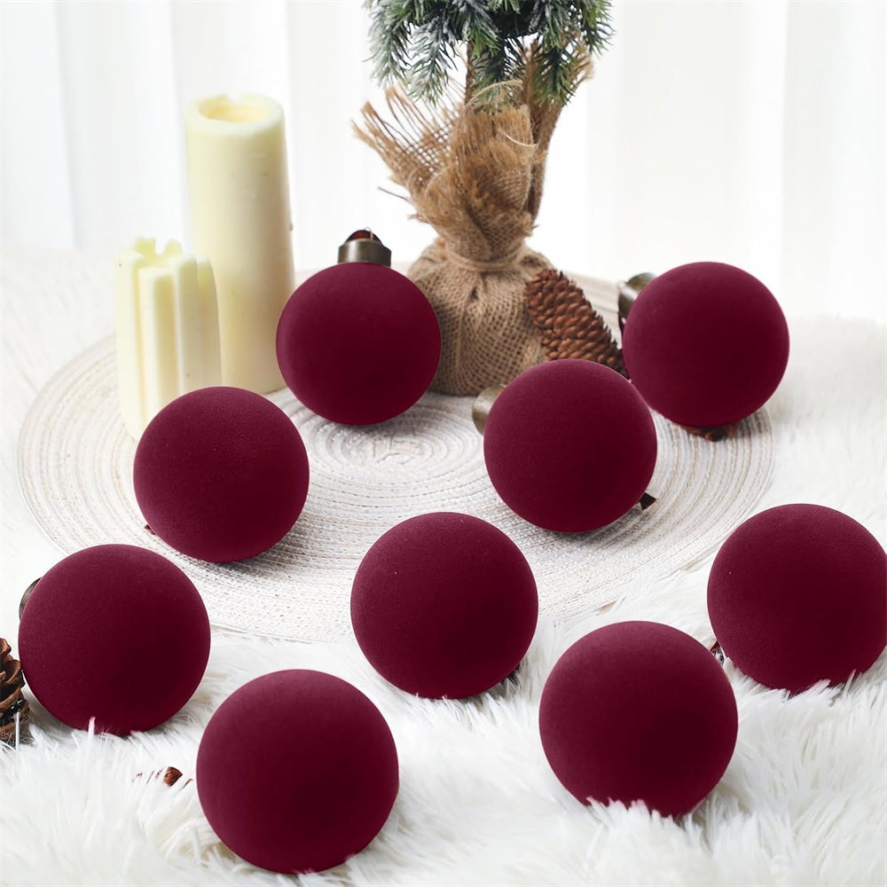 15 palline di Natale in velluto, decorazioni decorative in plastica floccata, decorazioni per l'albero di Natale (bordeaux, 8 cm) - 5