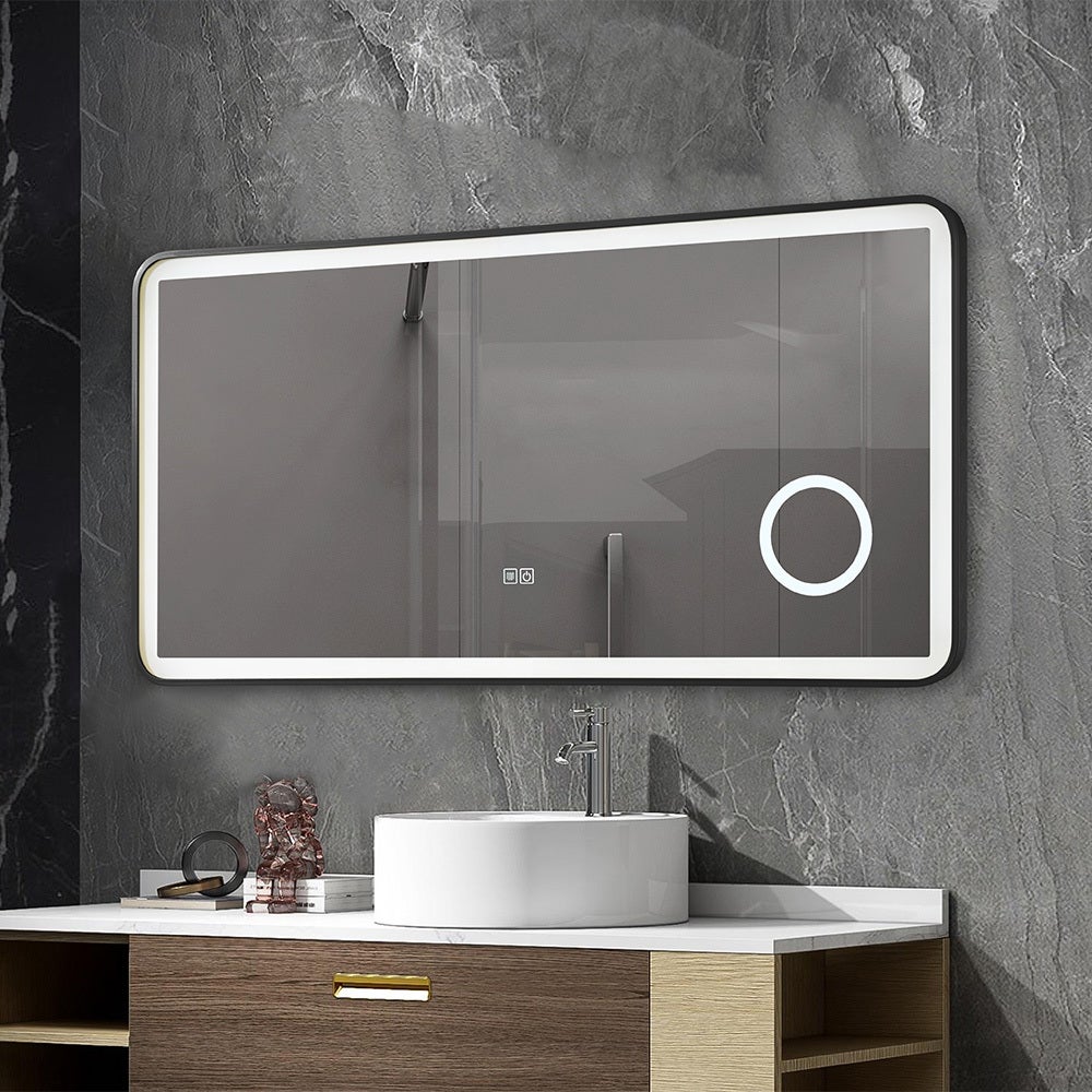 EMKE Miroir de Salle de Bain avec Éclairage, Miroir LED Asymétrique 80 x 60 cm, Interrupteur Tactile, 3 Couleurs de Lumière Réglables, Miroir Anti-Buée, IP44, Économie d'Énergie