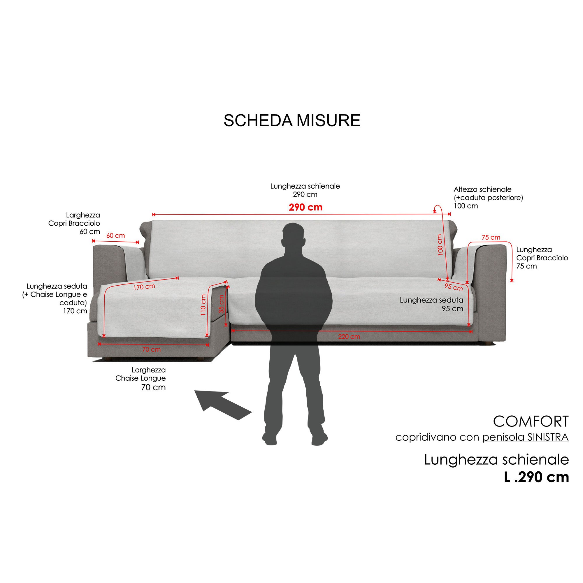 Copridivano antiscivolo penisola SINISTRA Comfort, Made in Italy, 290 cm, Marrone - 4