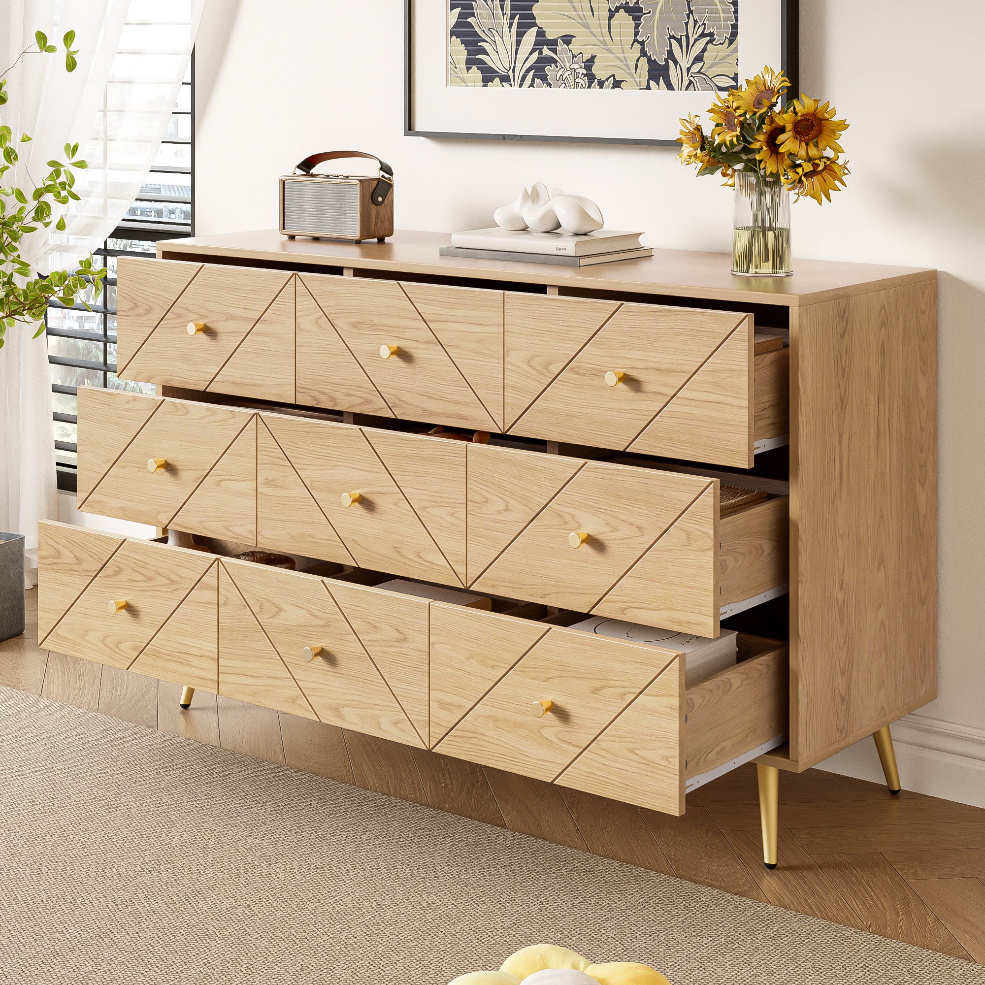 Cómoda moderna con 9 cajones - 120 x 39 x 80 cm - tablero de partículas y patas de hierro - Negro y natural - 4