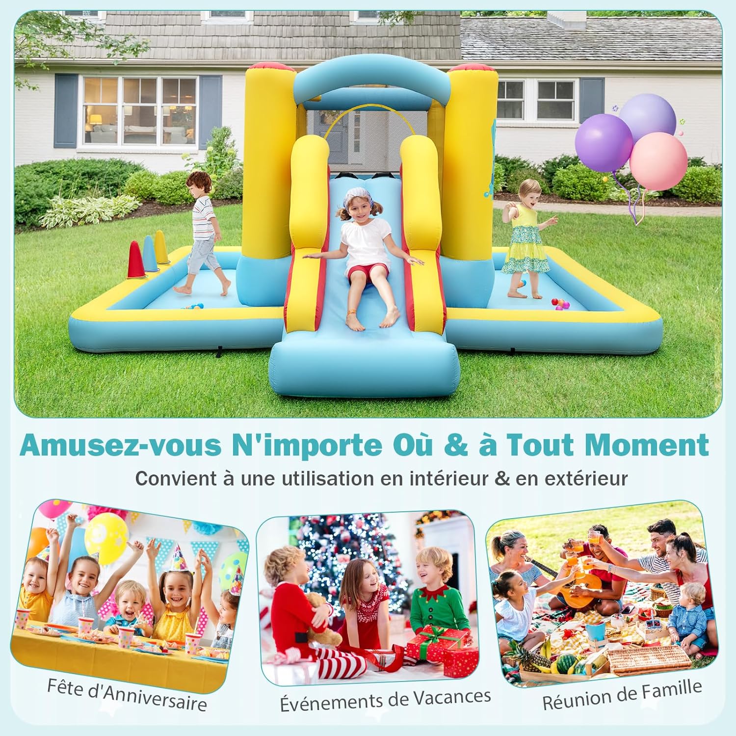 7 en 1 Structure Gonflable avec Toboggan & Maison de Saut, Aire de Jeux Gonflable avec Piscine à Balles & Panier de Basketball - 4