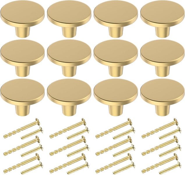 Set de 12 mânere rotunde din alamă aurie, mânere pentru sertare de mobilier vintage din metal cu șuruburi 12buc
