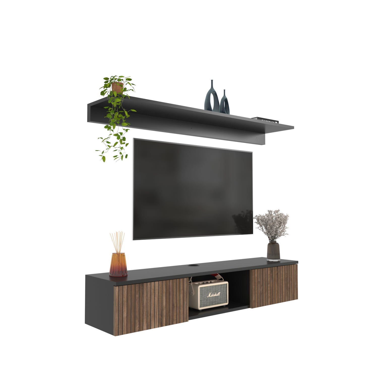 Meuble tv mural Elia flotant 140 cm - armoires - passe-cable - étagère murale incluse (noir et effet alina) - 7
