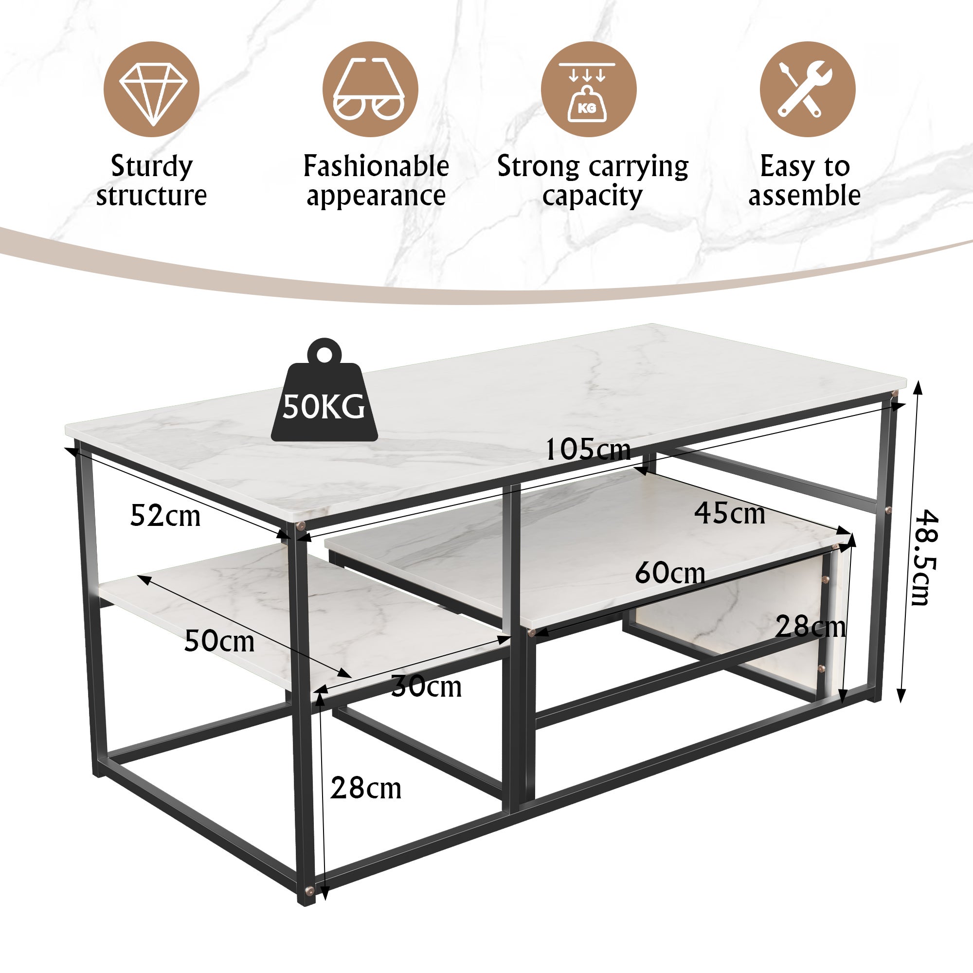Lot de 2 Tables Basses Gigognes Rectangulaire, Table d'appoint avrc Rangement Table de Canapé avec Aspect Marbre pour Salon, Chambre, Bureau - 2