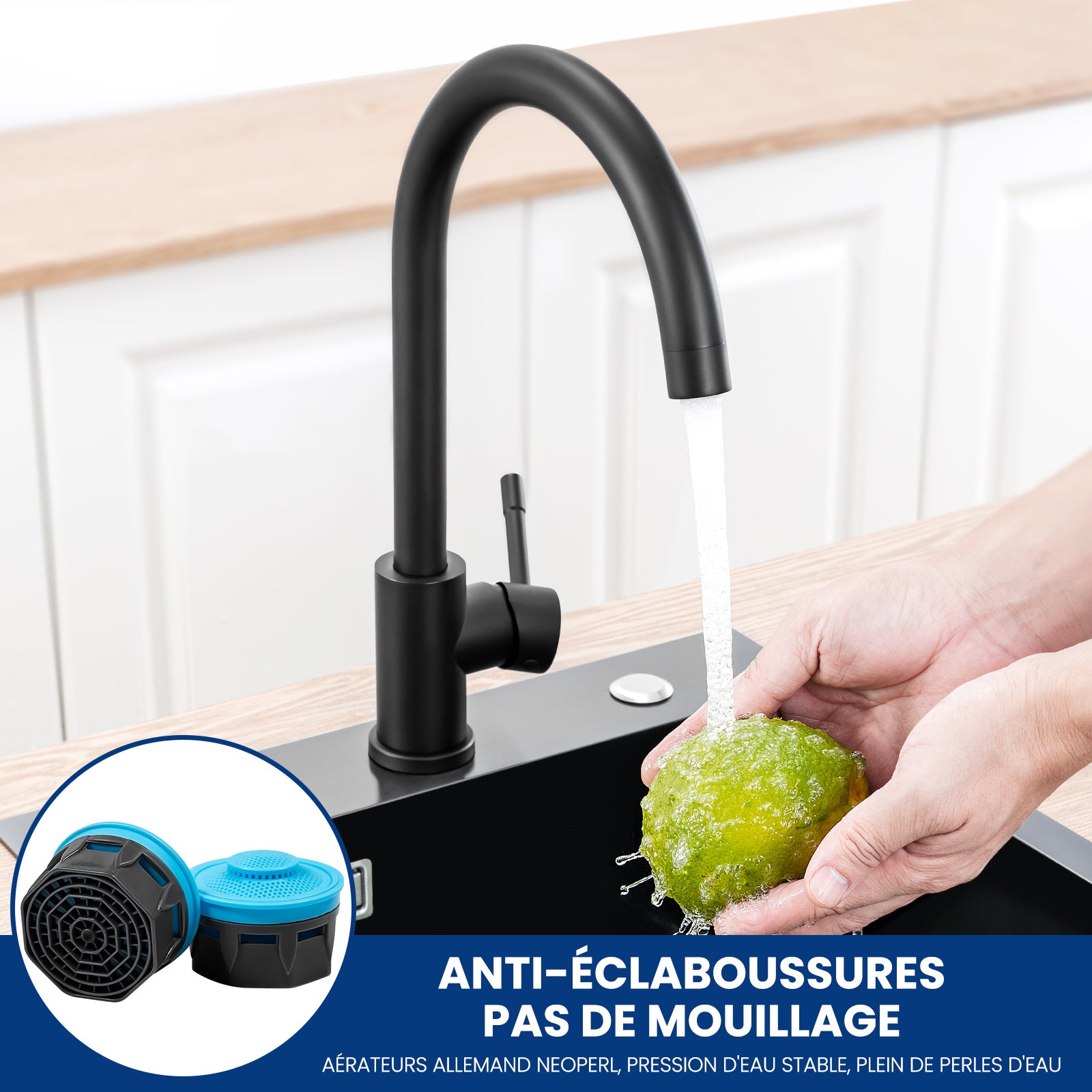 Grifo mezclador de cocina de acero inoxidable, grifo de fregadero de agua fría y caliente, giratorio 360°, con burbujeador desmontable, negro - 5