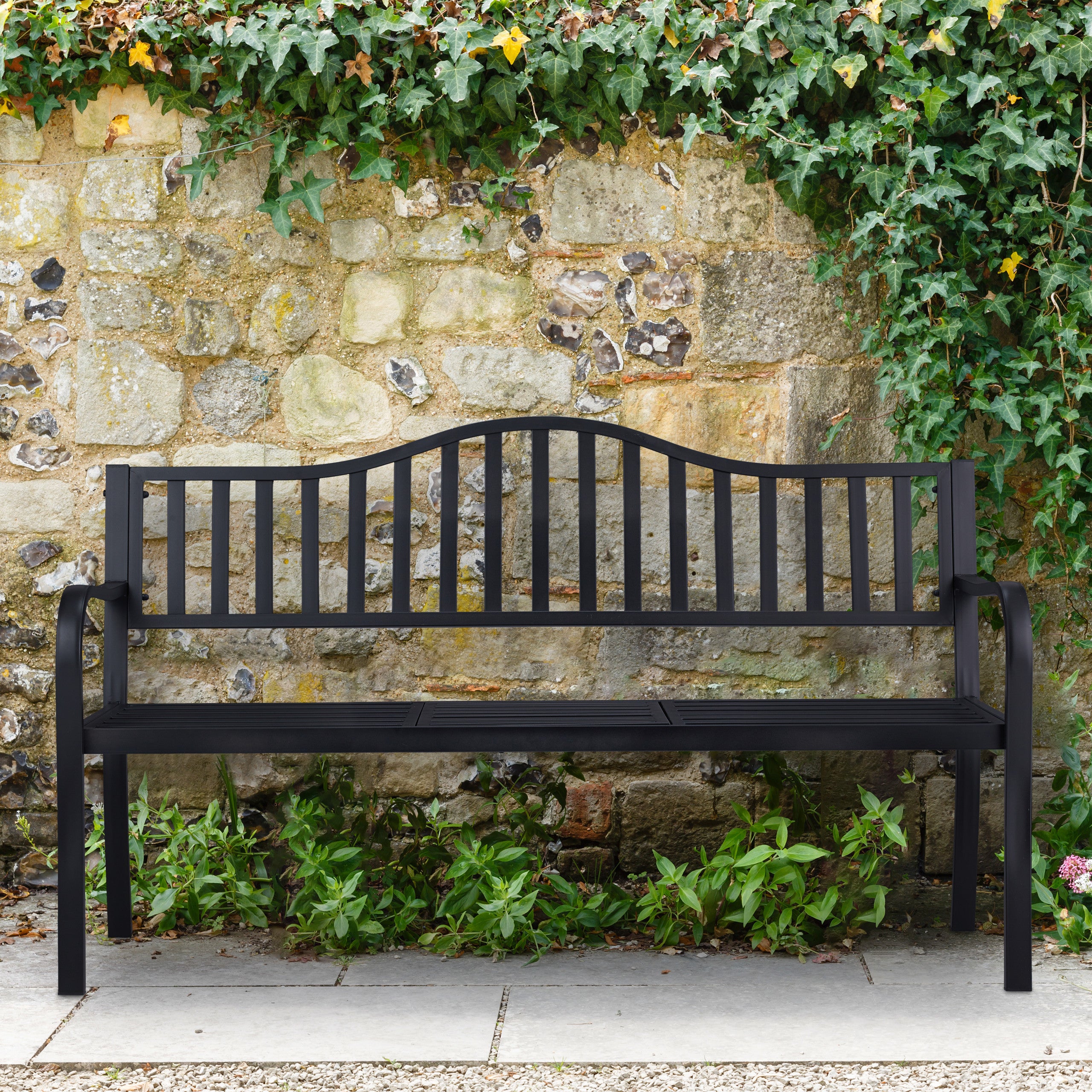 Banc de jardin avec table pliante, 3 places, solide, jardin, métal, balcon, HLP: 89 x 150 x 58,5 cm, noir, Relaxdays - 2