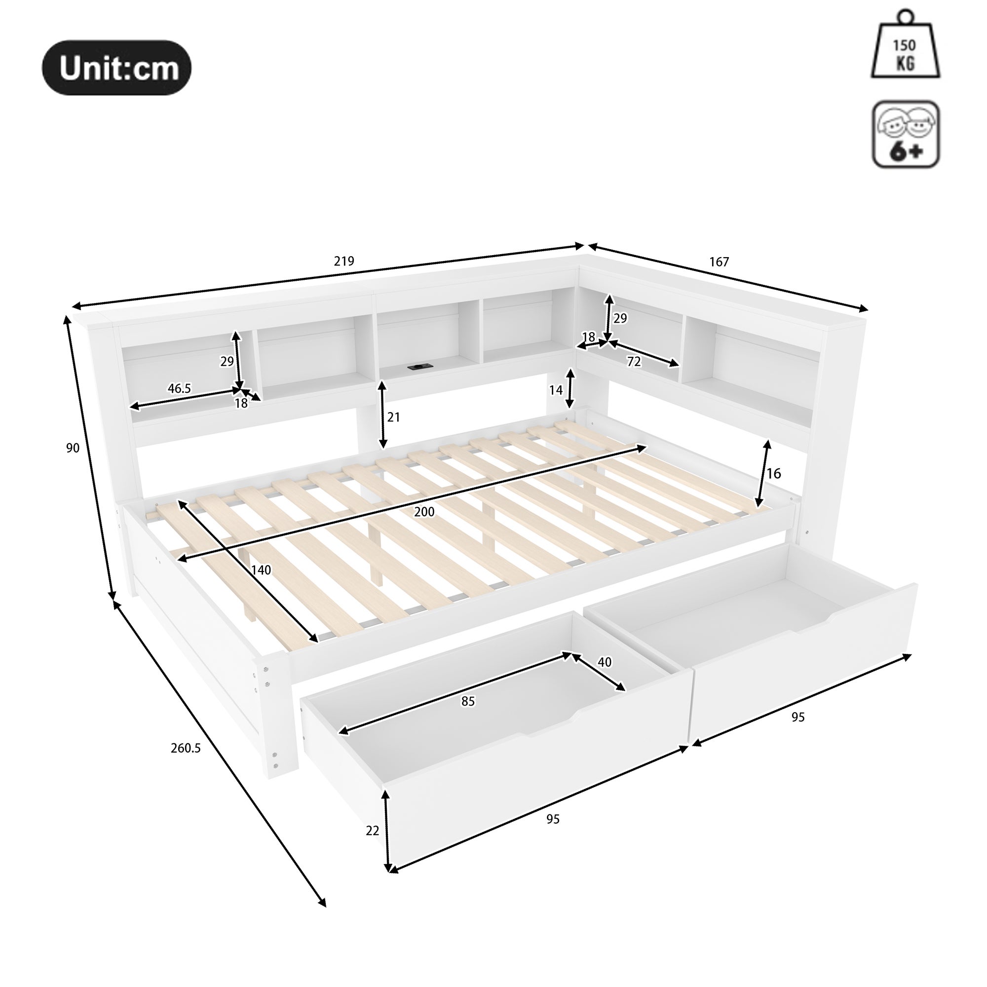 Lit 140 x 200 cm avec 2 tiroirs et compartiments, canapé-lit - Pin + MDF + contreplaqué - Prises de charge et USB - Blanc (sans matelas) - 6
