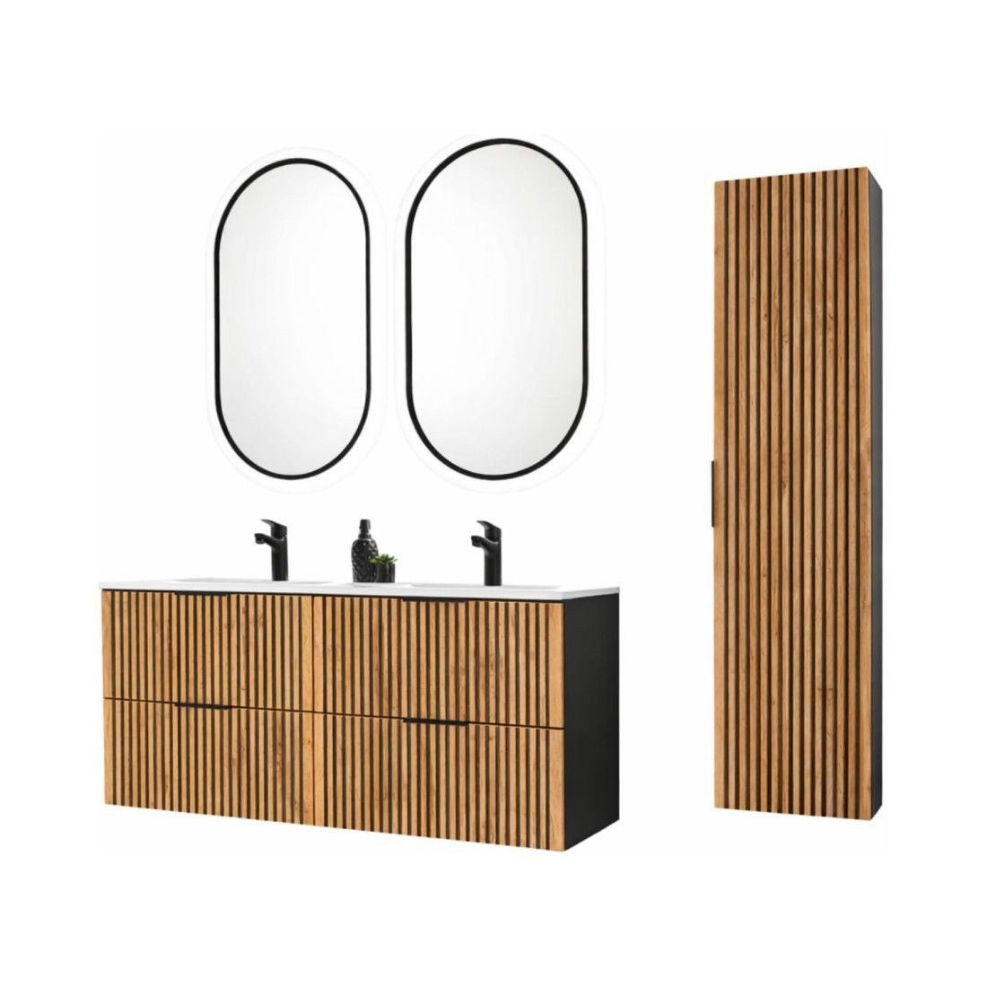 Conjunto kinoko: muebles bajo lavabo de 120cm + doble lavabo empotrado blanco + 2 espejos led ovales + columna