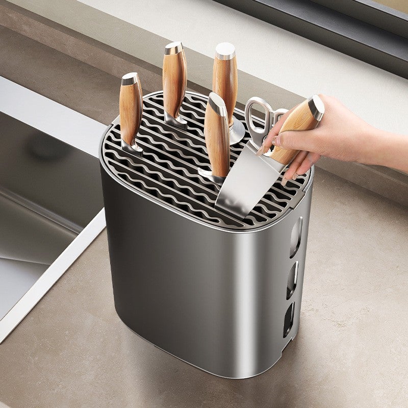 Soporte de cuchillos de cocina compacto de aluminio negro con escurridor y almacenamiento seguro 22×17×12 cm - 4