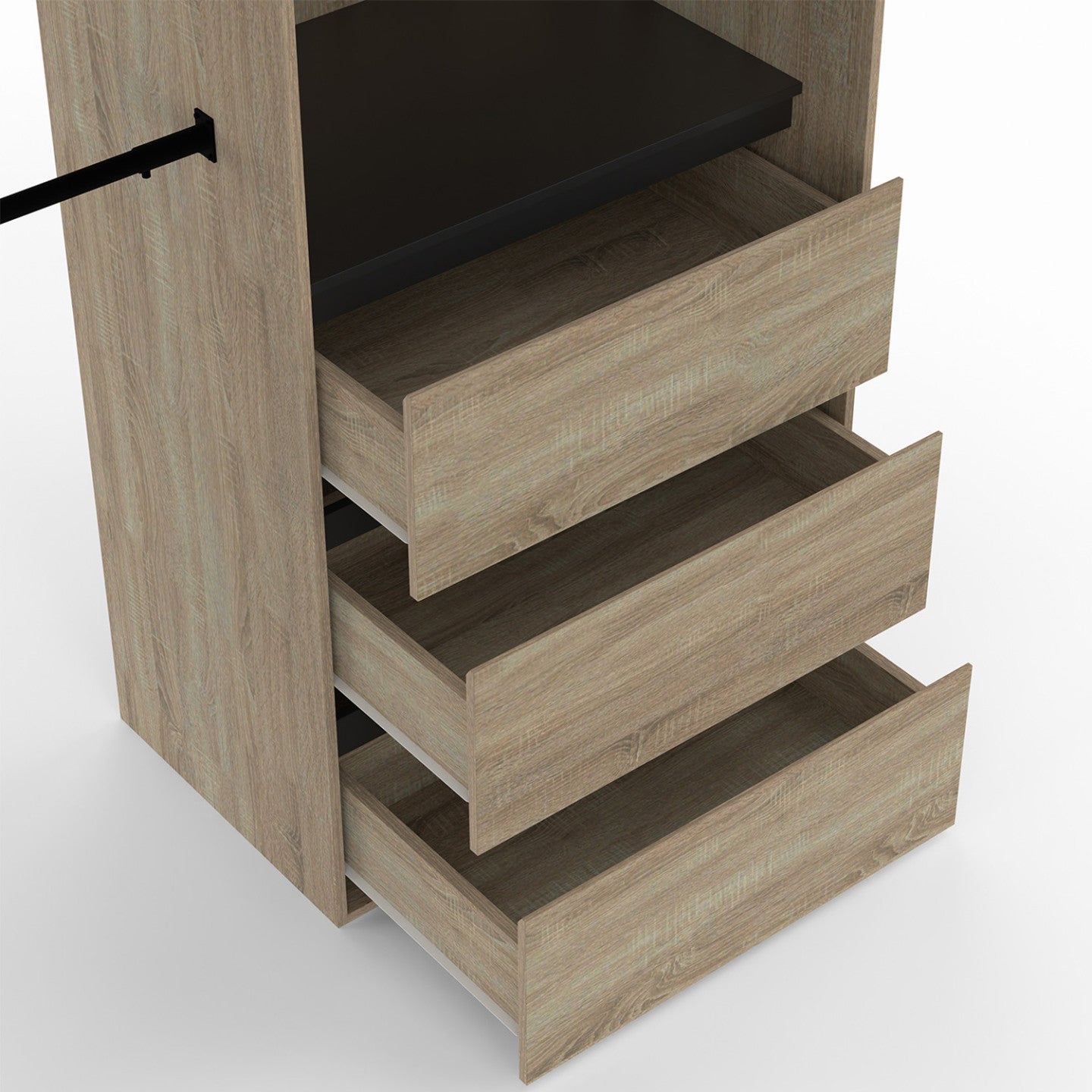 Dressing extensible MARTY 120/170 x 50 x 180 cm hêtre avec 3 tiroirs + étagères + double penderie + rideau noir - 5
