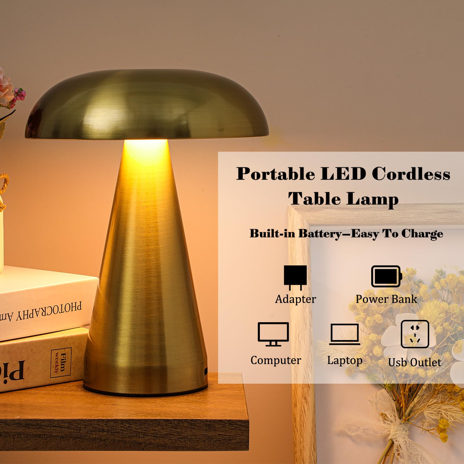 Lampe de table champignon sans fil, lampe de table tactile en métal, lumière tricolore, luminosité réglable en continu, adaptée aux restaurants (doré) - 4