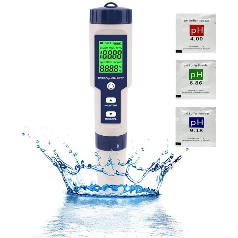 Elektroniczny tester PH-metru, tester wody basenowej 5 w 1 z podświetleniem, PH/TDS/EC/Zasolenie/Termometr z ATC, PH-metr o wysokiej precyzji