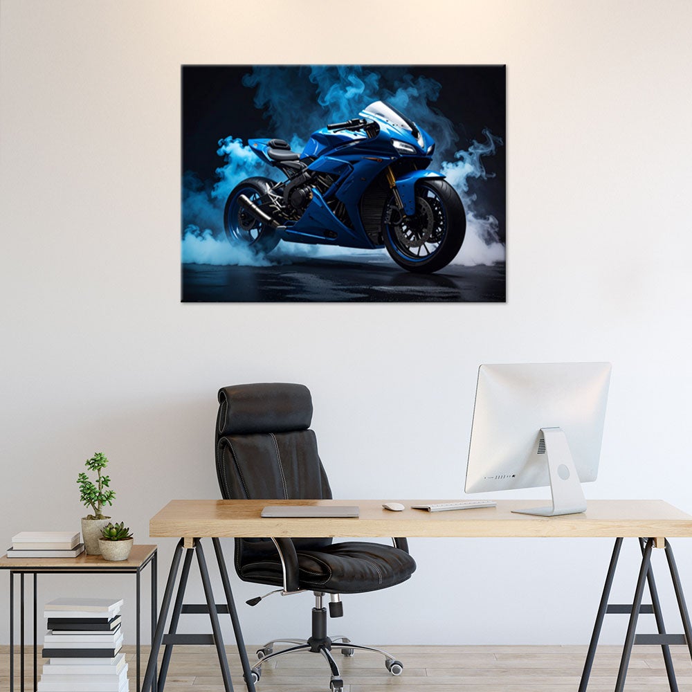 Obraz do salonu biura pokoju nastolatka, Niebieski Motocykl Motor Ścigacz 90x60 - 2