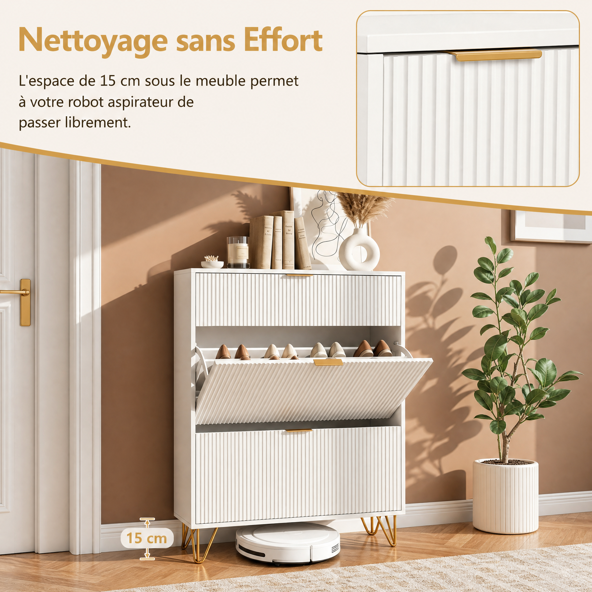Meuble à Chaussures Entrée 16-24 Paires avec Pieds Métalliques Dorés, Armoire à Chaussures étroite avec 3 tiroirs rabattables, 80×24×118.5 cm, Blanc - 4