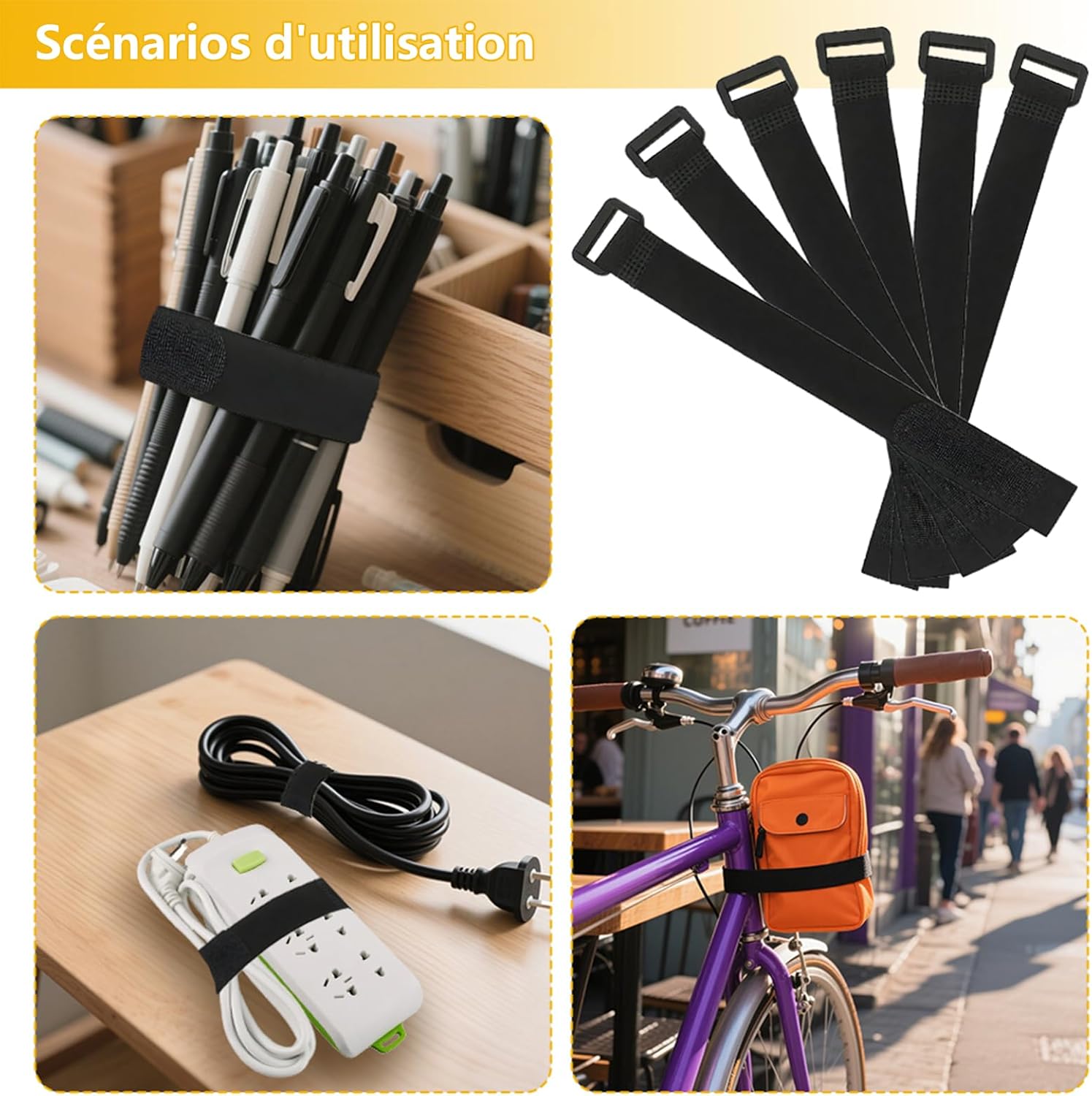 Lot De 8 Bandes Velcro Noires – Bandes Velcro Résistantes Pour Fixer Les Câbles, Adaptées Aux Vélos, Bagages Et Câbles (20 X 300 Mm, Réutilisables)​ - 4