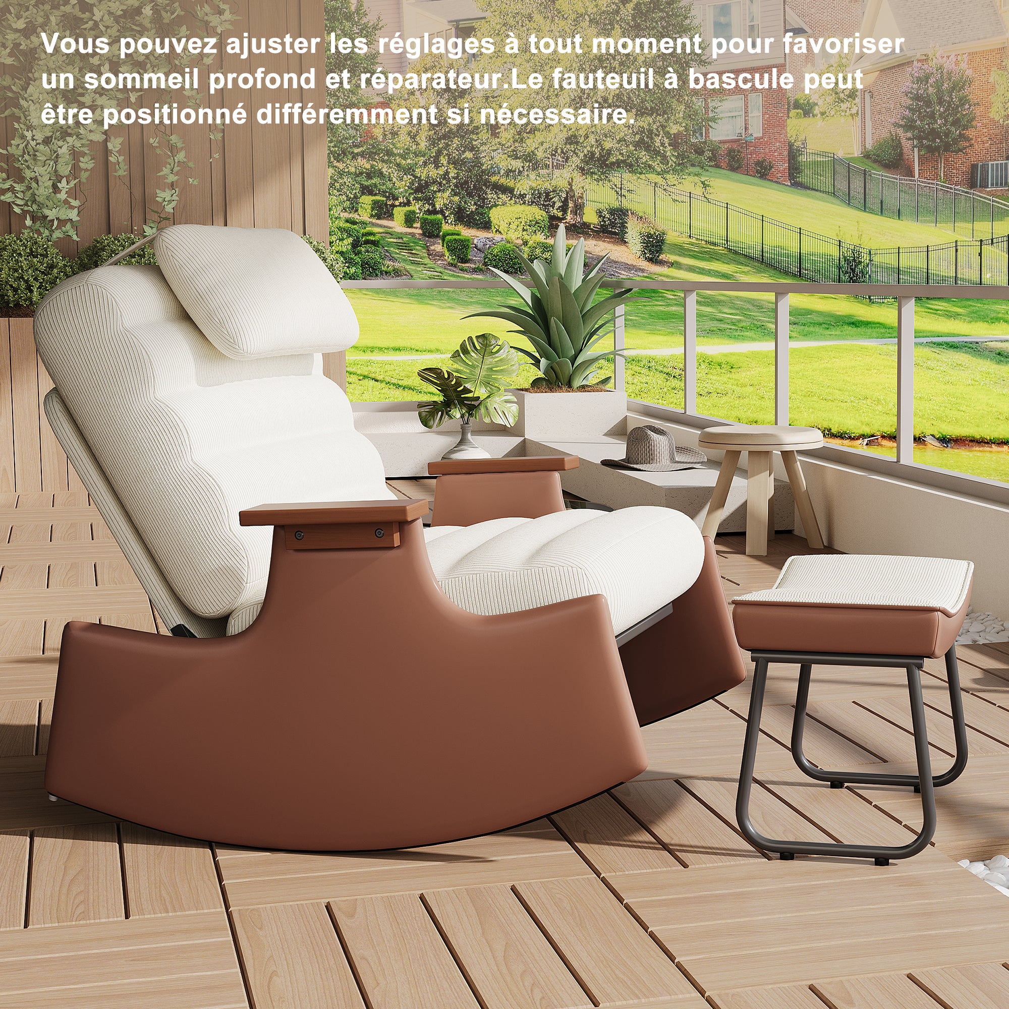 Fauteuil a Bascule avec Repose Pieds, Chaise a Bascule Allaitement Réglable 3 Positions Rocking Chair Intérieur Extérieur avec Coussin, Velours Côtelé - 8