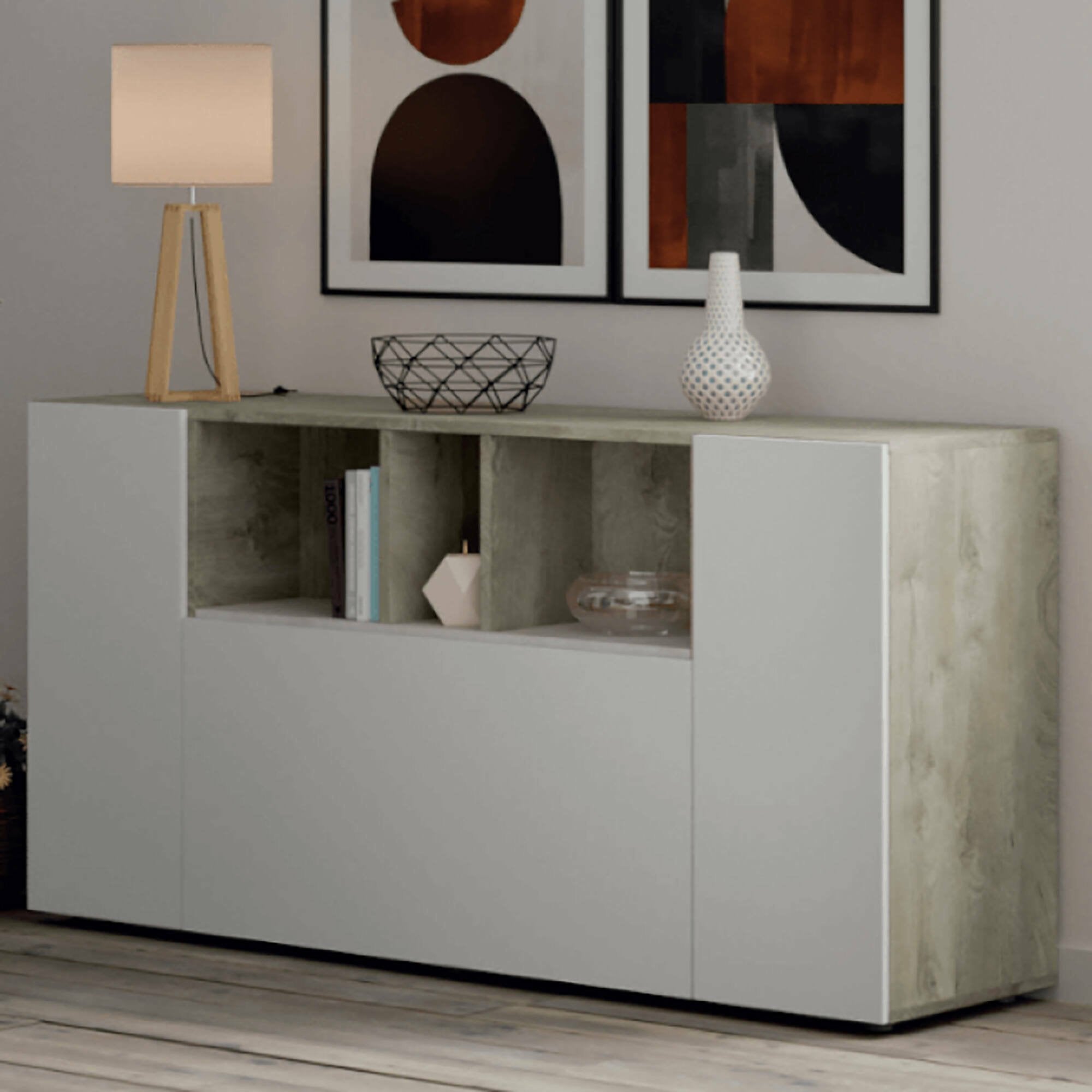 Credenza Thornton Dmora - Armadio Salotto 144x42x87 Cm, In Rovere E Bianco, 3 Ante, Mobile Moderno - Foto 5