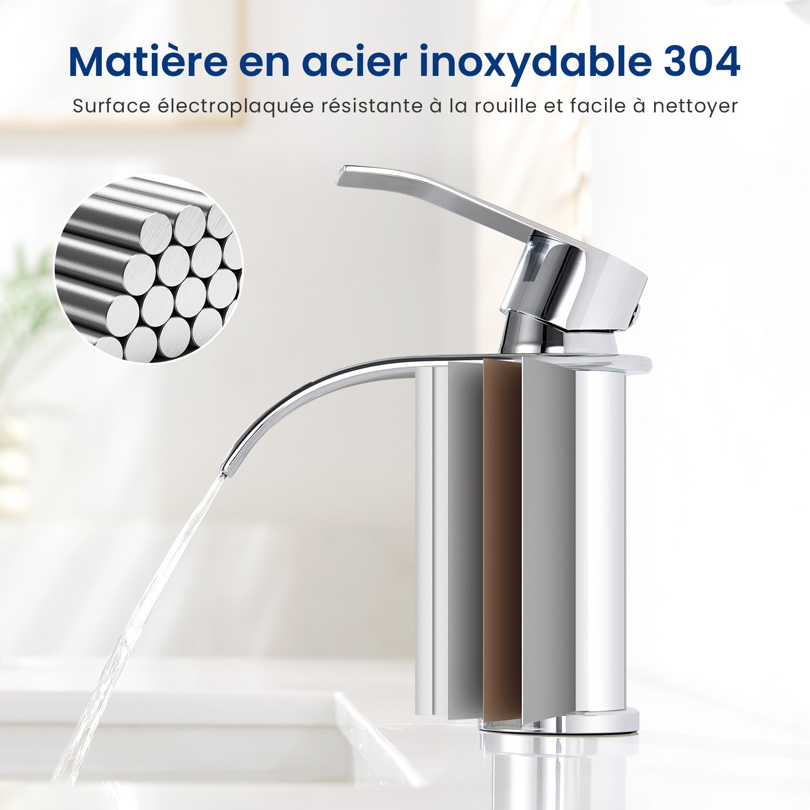 Robinet de lavabo et vasque Ronde Mitigeur de lavabo Chrome Mitigeur lavabo Acier inoxydable Robinet salle de bain en cascade - 6