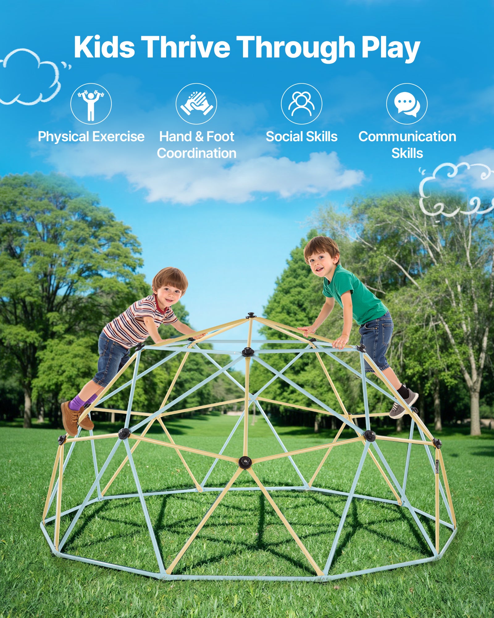 Dôme d'Escalade Géométrique 305 cm,VEVOR Cage à Grimper avec Filet et 2 Ballons de Basket,Cage à Écureuil Solide Charge de 453 kg,Bleu et Jaune - 6