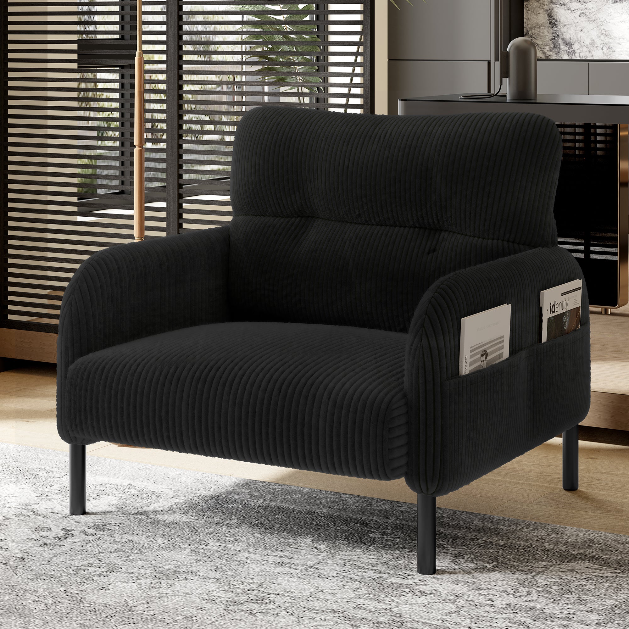 Fotel z podłokietnikami i kieszeniami bocznymi - 67 x 75 x 79 cm - Sztruks i metalowe nogi - Czarny