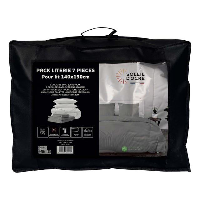 Ensemble couette et parure 7 Pièces BOHEME gris pour lit en 140x190 cm, par Soleil d'ocre