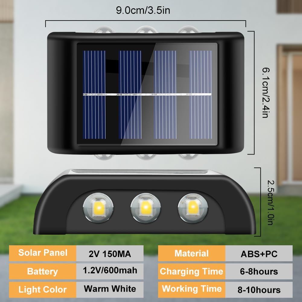 Pacote com 4 luminárias solares de parede ajustáveis para áreas externas, luminárias solares de parede para cima e para baixo, luminária de parede LED - 2
